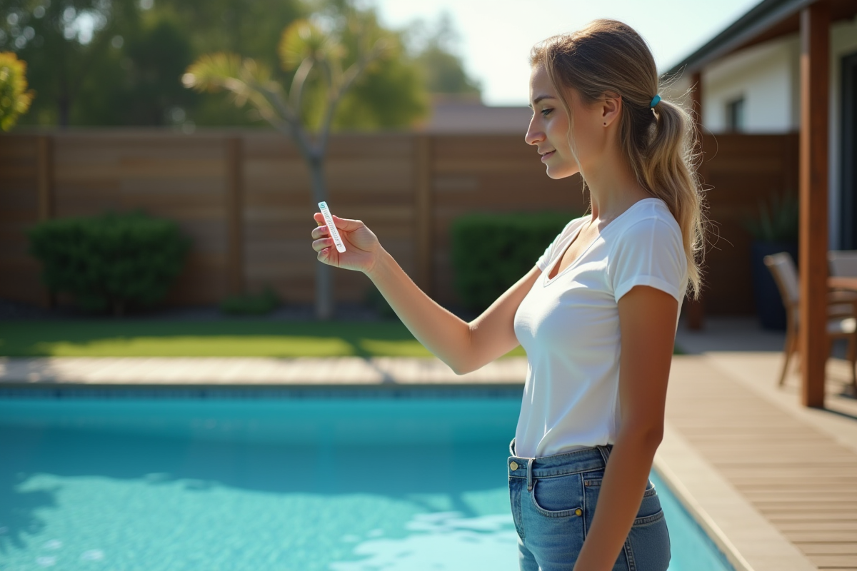 Jeune femme vérifiant un test de piscine après un nettoyage