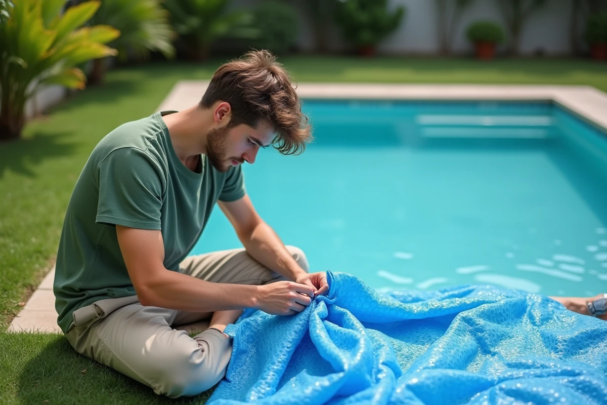 Jeune homme cousant une couverture de piscine en extérieur
