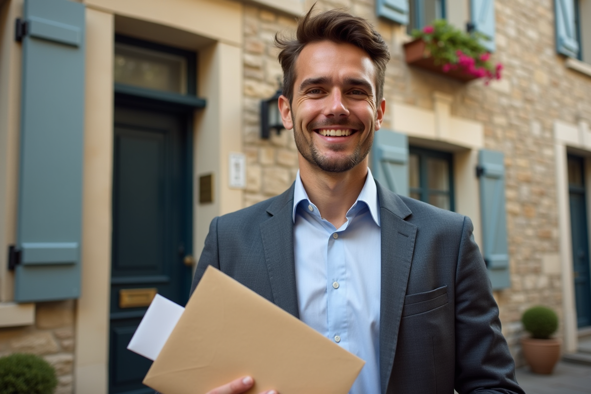 Jeune homme souriant avec enveloppes devant maison française