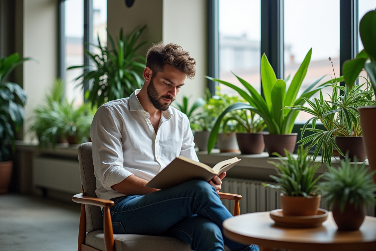 Jeune homme lisant avec plantes dappartement à côté
