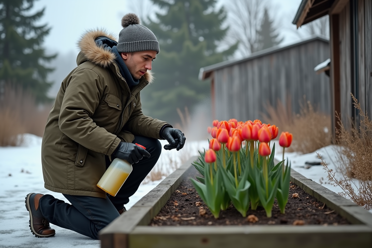 Jeune homme en parka arrose tulipes au jardin