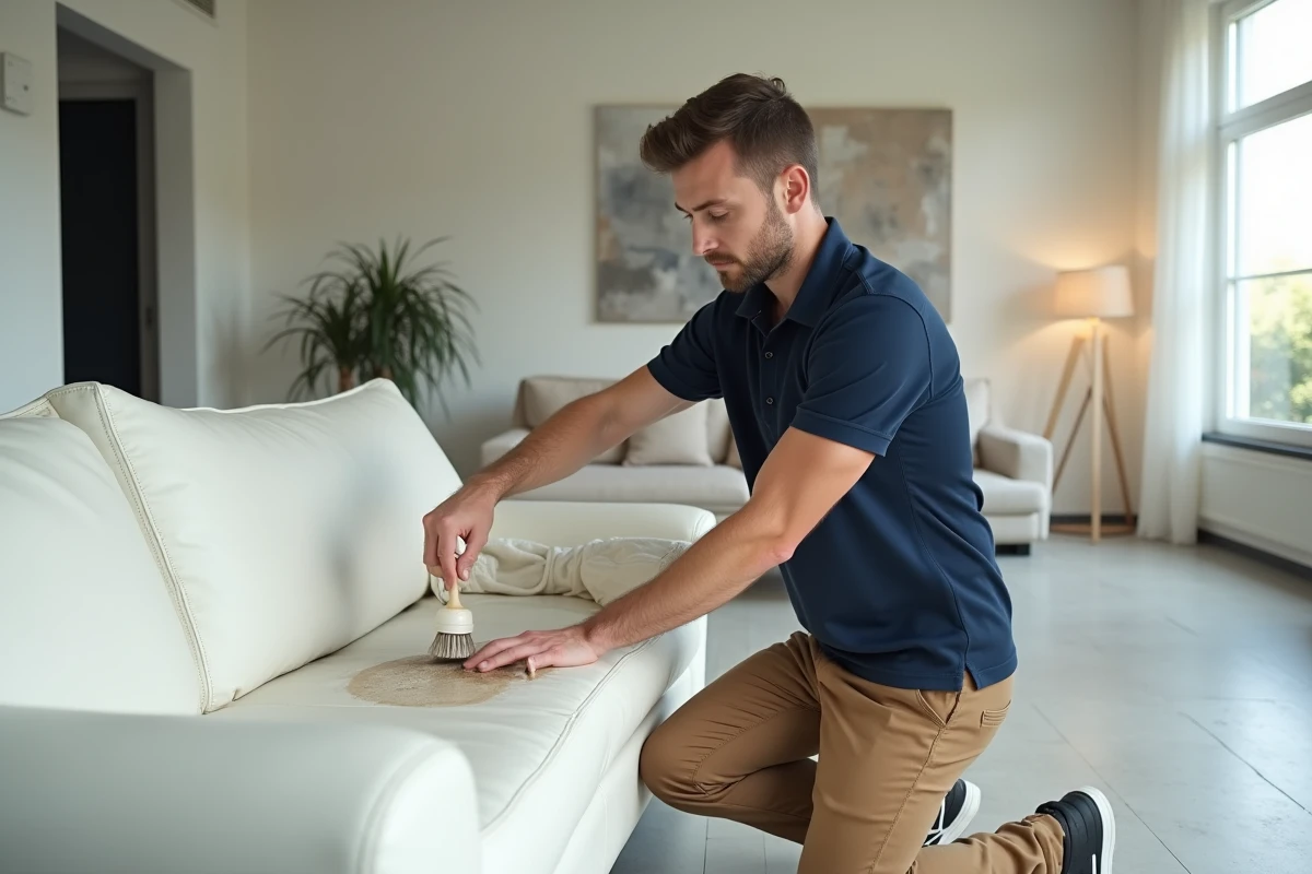 Jeune homme appliquant une solution de nettoyage sur un canapé en cuir
