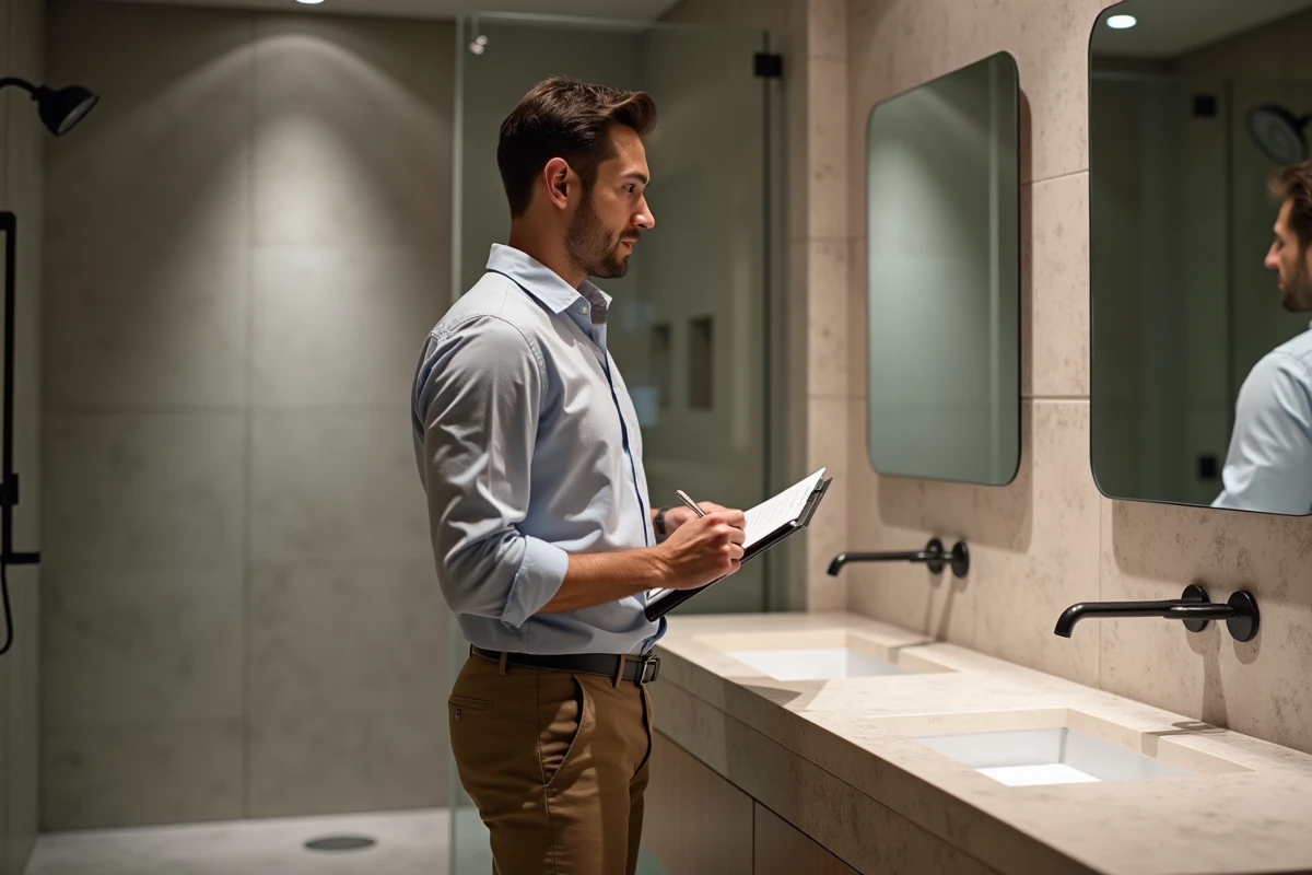 Jeune homme prenant des notes près d’un lavabo mural dans une salle de bain élégante