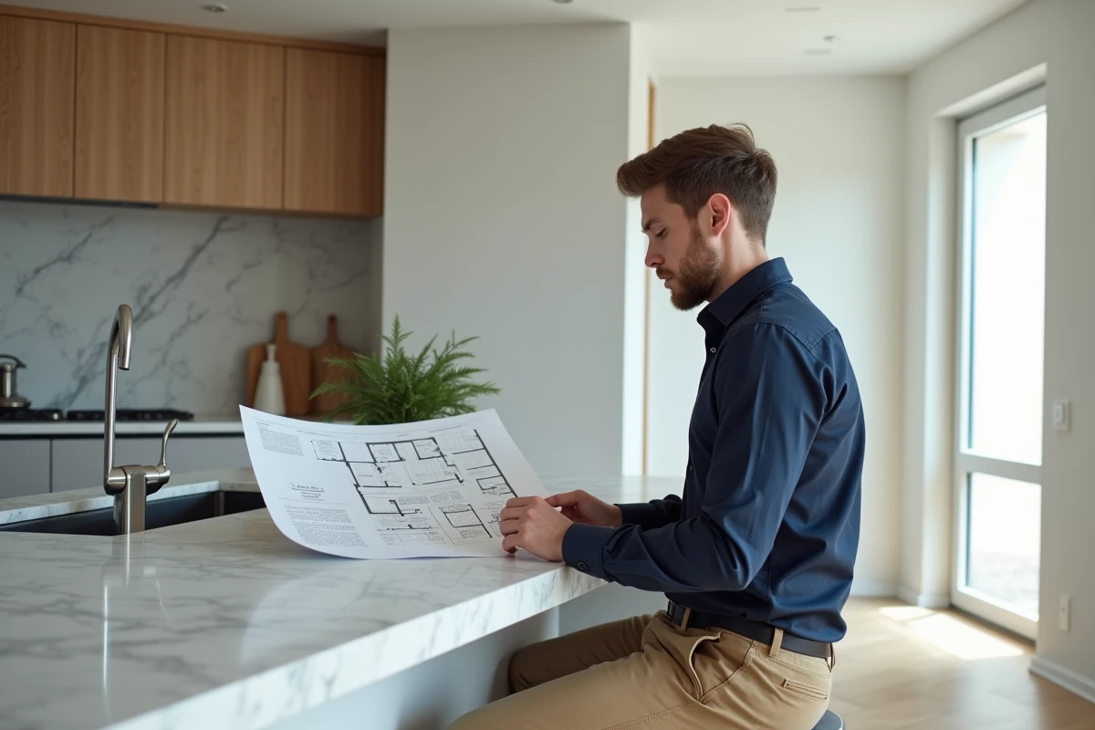 Jeune homme étudiant un plan de maison à la cuisine