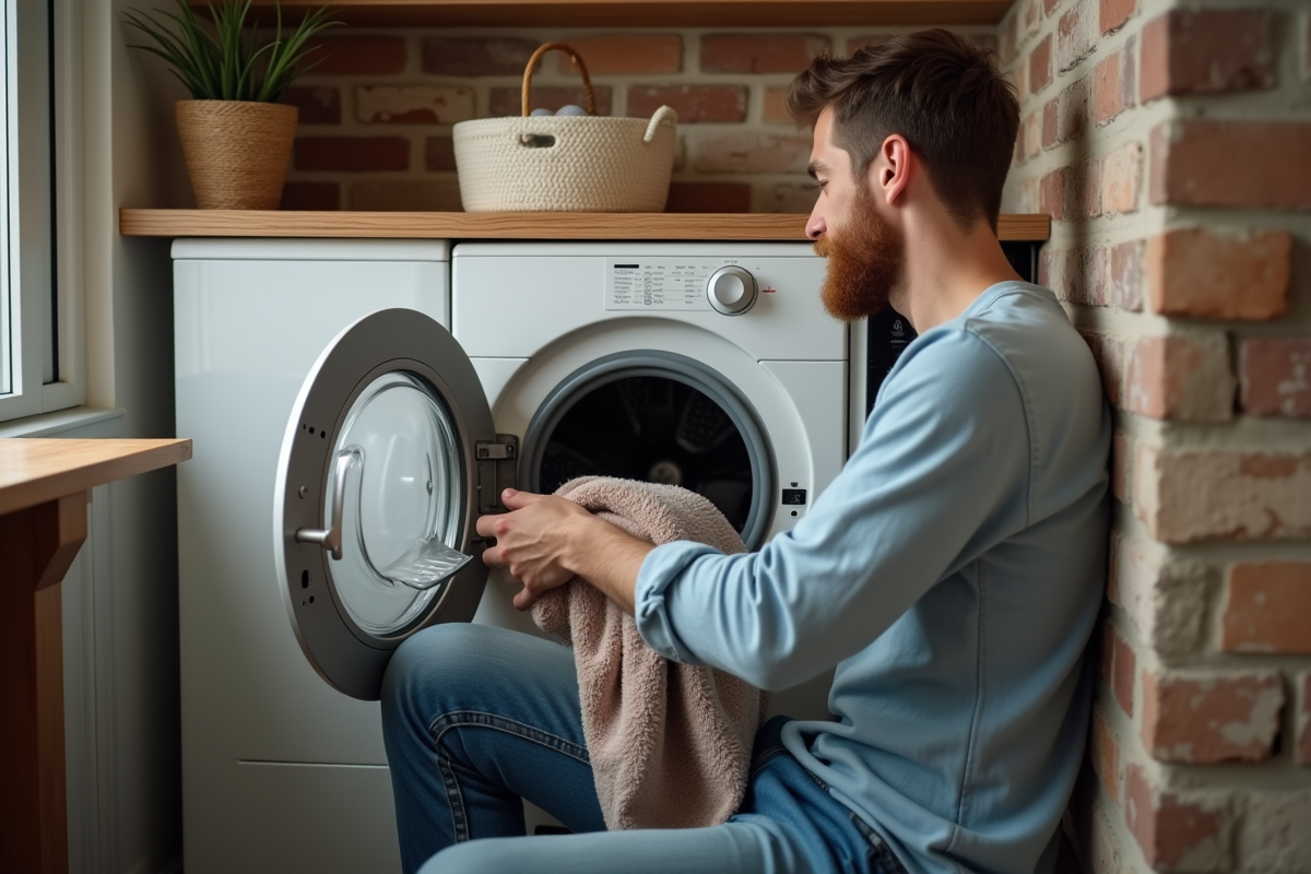 Jeune homme sortant une serviette chaude d