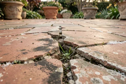 Joints de carrelage extérieur fissurés et envahis de mauvaises herbes sur une terrasse dégradée