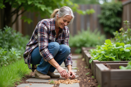 Femme au jardin distribuant des pellets naturels contre les rongeurs