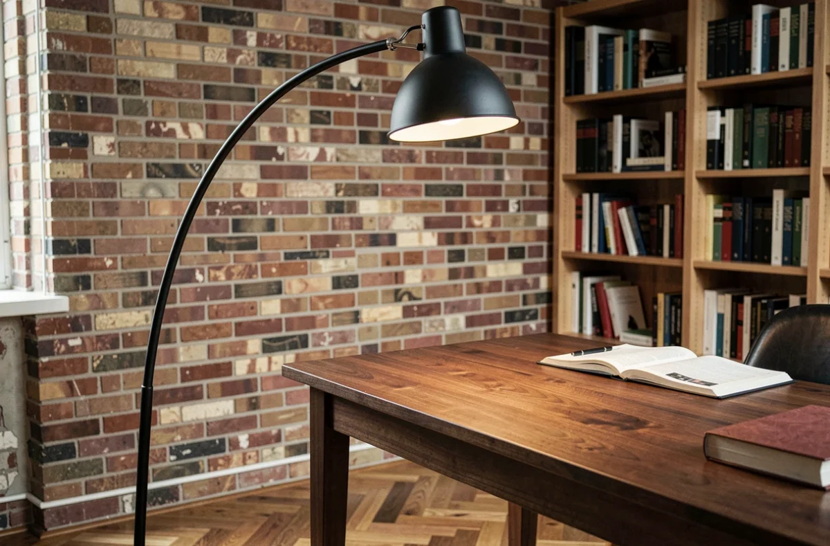 Lampe halogène sur pied arquée noire au-dessus d'un bureau en noyer dans un bureau à domicile avec murs en briques apparentes