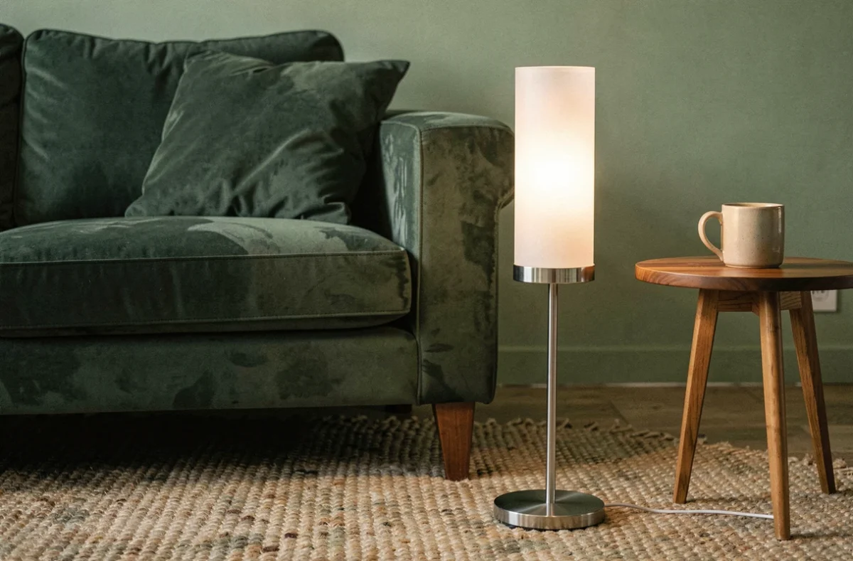 Lampe halogène basse sur pied avec diffuseur en verre dépoli posée près d'un canapé en velours vert dans un appartement cosy