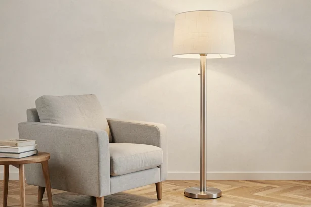 Lampe halogène sur pied en acier brossé avec abat-jour en tissu crème placée à côté d'un fauteuil gris dans un salon scandinave