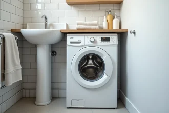 Lave-linge compact Valberg installé sous un plan de travail dans une petite salle de bain de studio