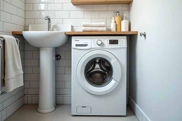 Lave-linge compact Valberg installé sous un plan de travail dans une petite salle de bain de studio
