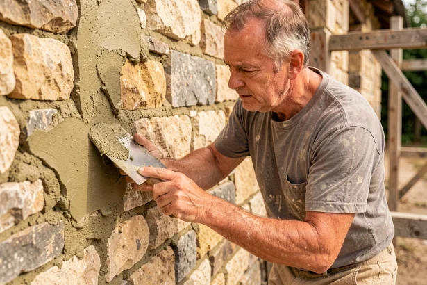 Maçon appliquant un mortier chaux sable sur un mur en pierre calcaire lors d'une rénovation rurale