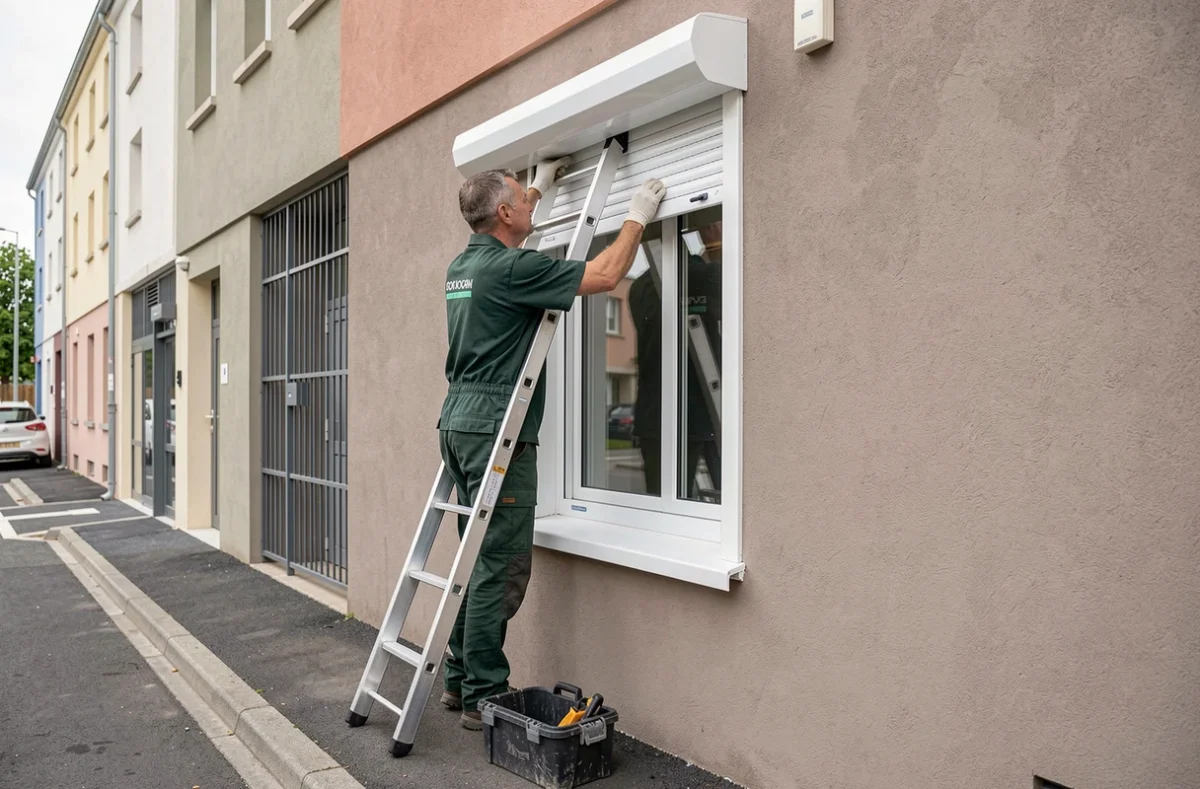 Installateur posant une fermeture et menuiserie PVC avec volet roulant sur un bâtiment en Seine-Saint-Denis