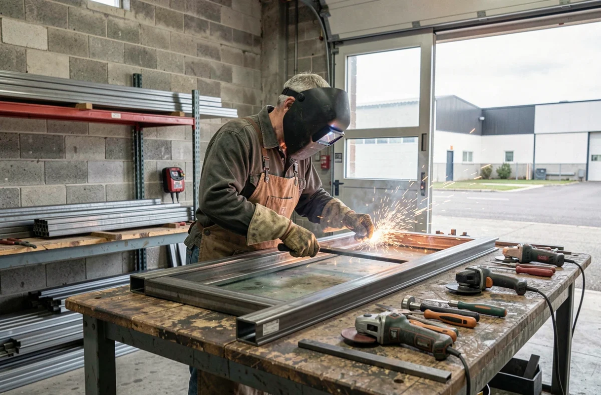 Artisan en menuiserie métallique assemblant un châssis en acier dans un atelier à La Courneuve