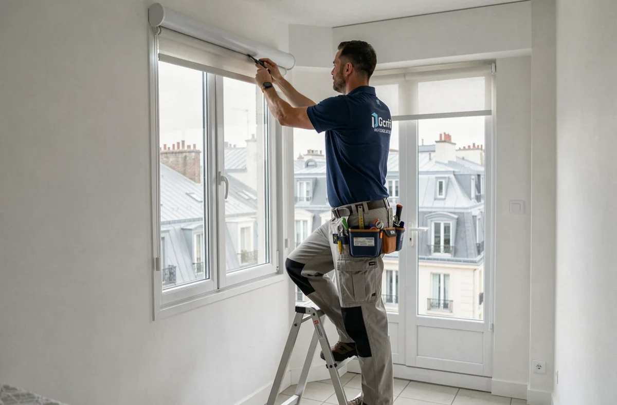 Poseur de fenêtres installant un store sur une fenêtre PVC neuve dans un appartement parisien de la petite couronne