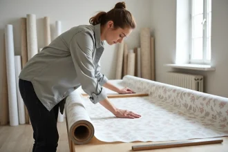 Femme mesurant un rouleau de papier peint à motif raccord sur un établi en bois lors de travaux de décoration intérieure