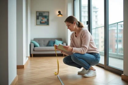 Femme mesurant un sol de salon avec un ruban