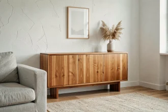 Meuble en teck massif dans un salon scandinave avec décoration épurée, vase en céramique et tapis en laine beige