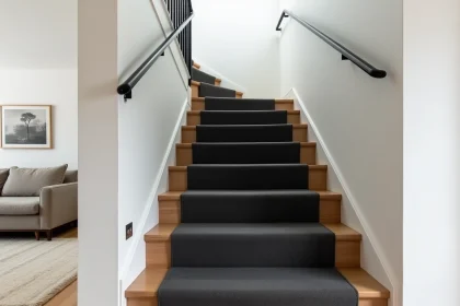 Moquette gris anthracite sur les marches d'un escalier moderne en chêne clair, vue en contre-plongée dans un intérieur contemporain