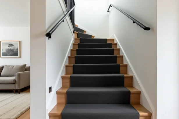 Moquette gris anthracite sur les marches d'un escalier moderne en chêne clair, vue en contre-plongée dans un intérieur contemporain