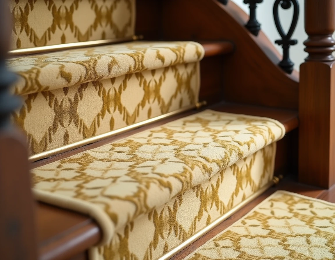 Détail de moquette à motifs géométriques jaune moutarde fixée par des tringles en laiton sur un escalier classique haussmannien