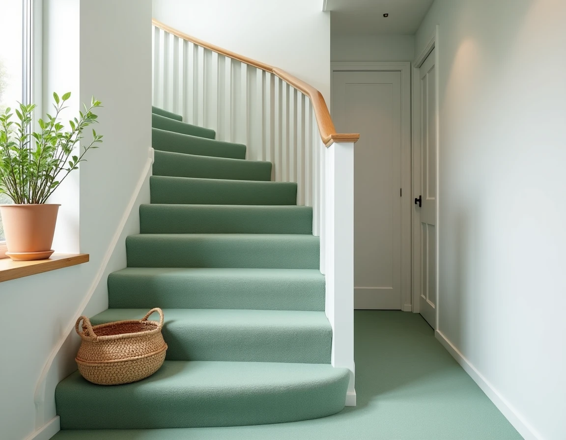 Escalier entièrement recouvert d'une moquette vert sauge dans un intérieur scandinave avec balustres blancs et plantes naturelles