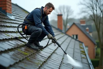 Professionnel nettoyant une toiture en tuiles avec un nettoyeur haute pression Karcher, perché sur le toit avec un harnais de sécurité