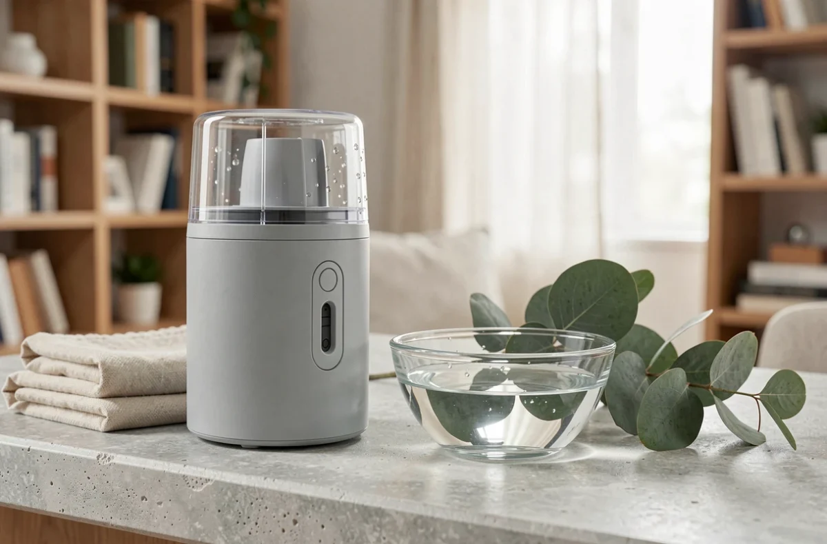 Nettoyeur vapeur h20 posé sur un comptoir en pierre avec des accessoires naturels zéro déchet dans un intérieur épuré