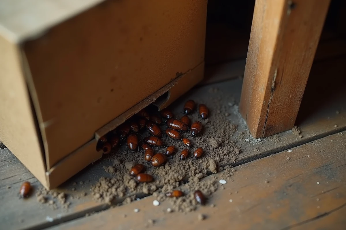 Vue aérienne d'un nid d'insectes marrons sous un carton dans un grenier poussiéreux
