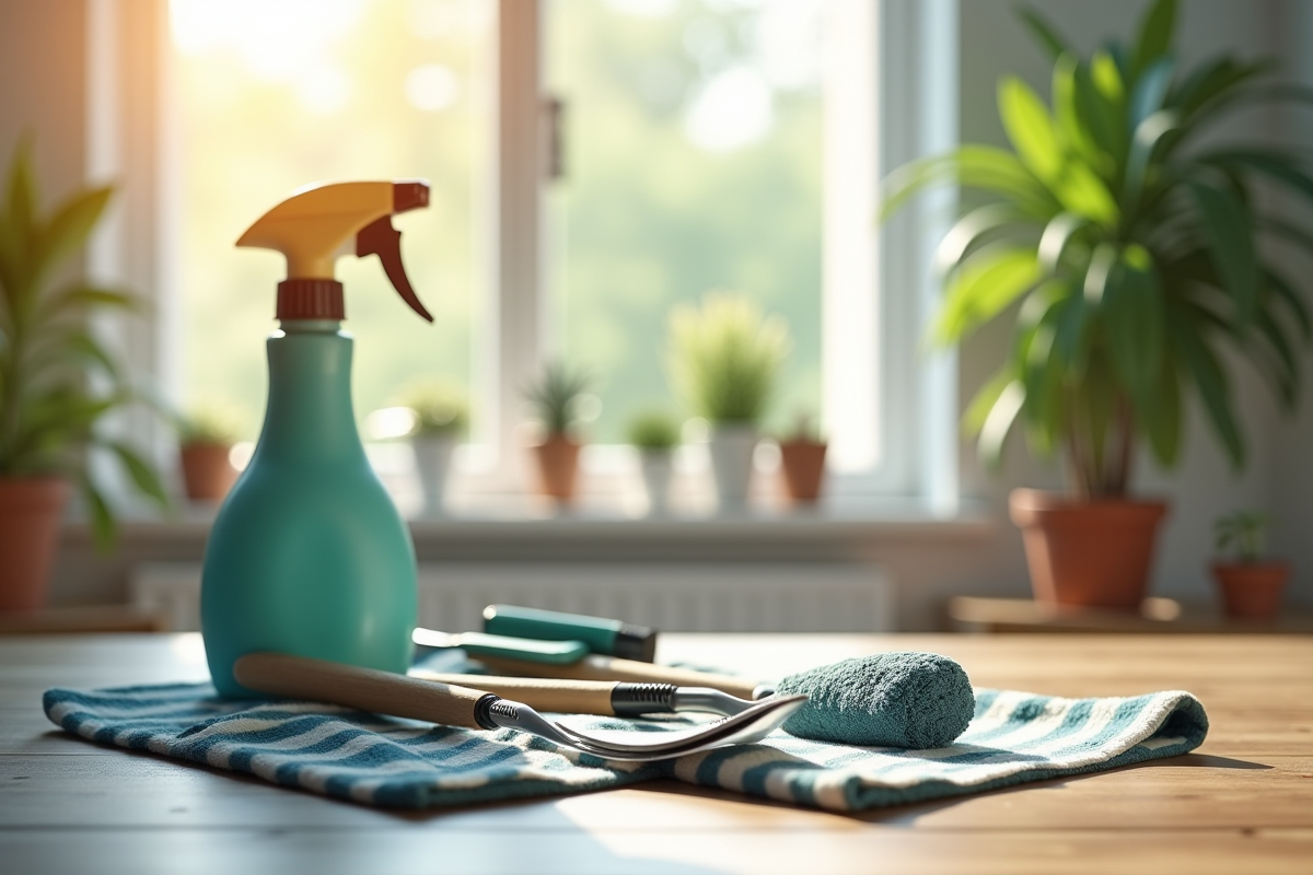 Outils de jardin séchant sur une serviette avec vaporisateur