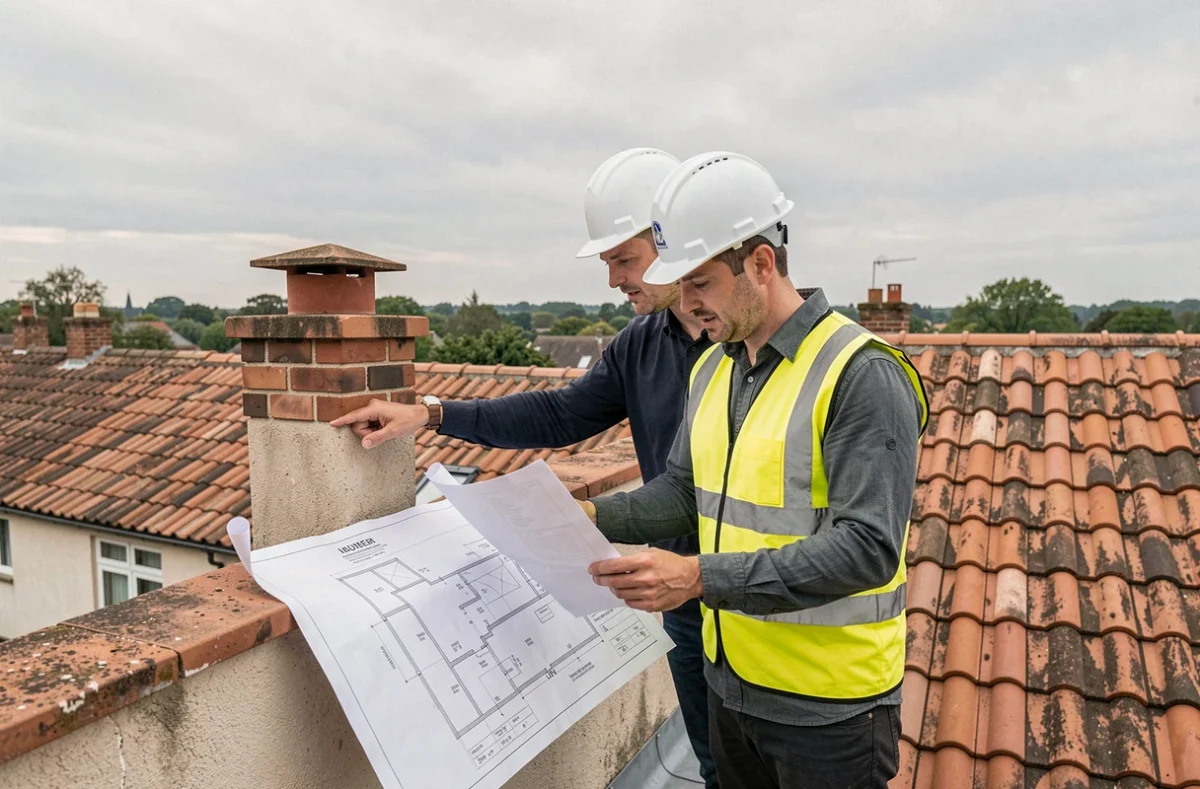 Deux ouvriers du bâtiment examinant des plans sur un toit en cours de rénovation dans un quartier résidentiel
