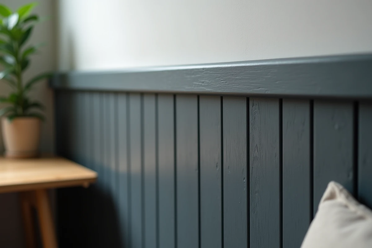 Panneau tasseaux bois peint gris anthracite dans un bureau à domicile, idée déco murale économique et tendance