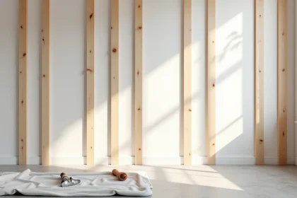 Mur en panneaux de tasseaux bois pin brut dans un salon moderne style scandinave, projet DIY déco murale pas cher