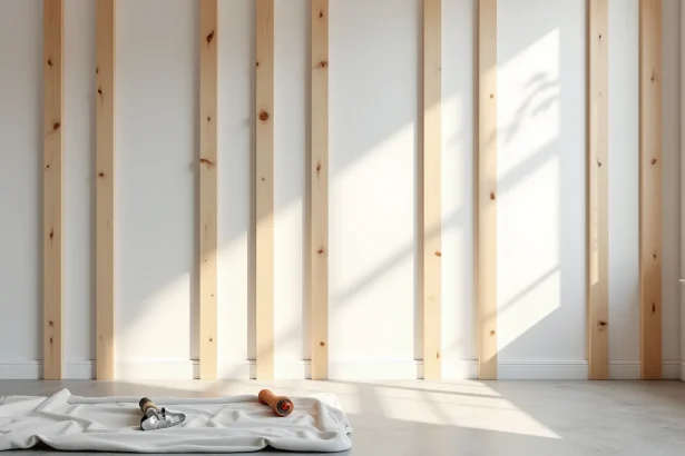 Mur en panneaux de tasseaux bois pin brut dans un salon moderne style scandinave, projet DIY déco murale pas cher