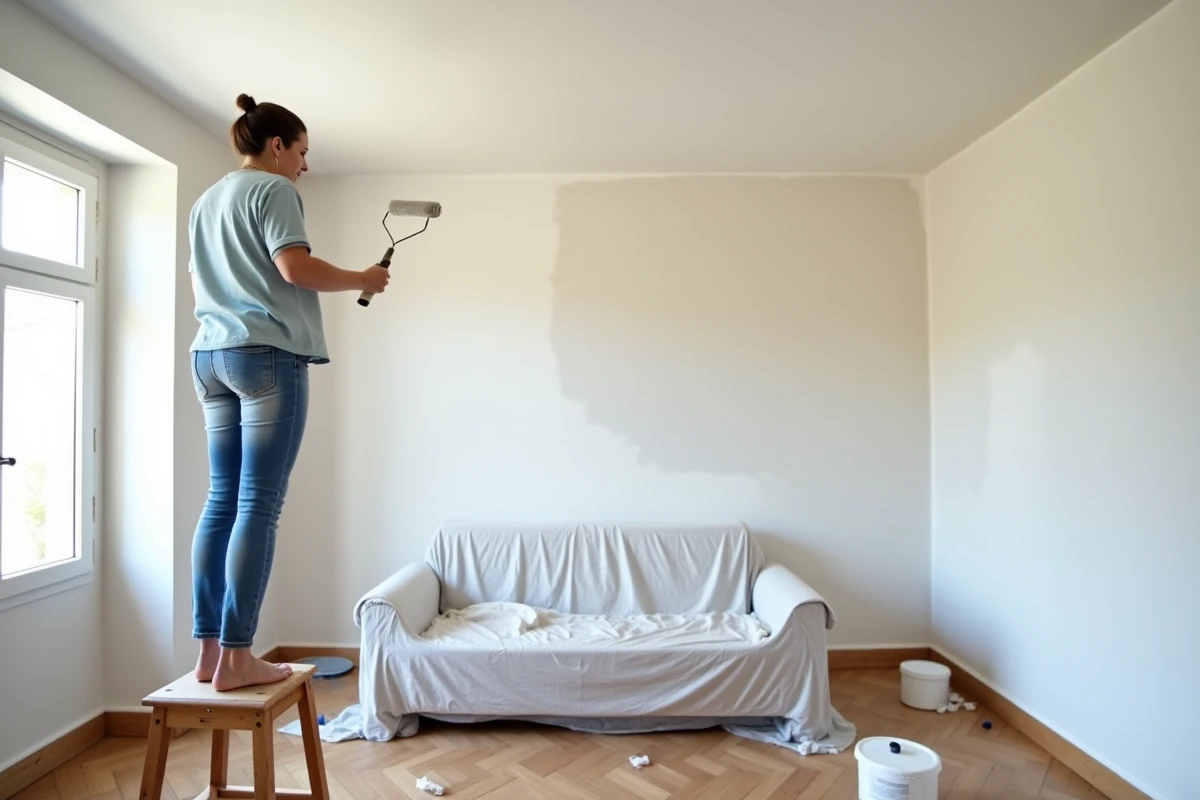Femme peignant un plafond après réparation d'une fissure dans un salon rénové