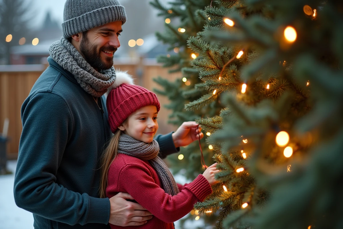 Père et fille décorant un sapin de Noël extérieur en hiver