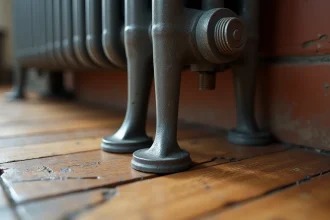 Pied réglable en fonte pour radiateur sur un plancher en bois irrégulier, détail macro de l'embout fileté avec semelle en caoutchouc