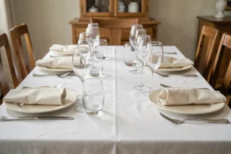 Table de salle à manger élégamment dressée avec des verres à eau et à vin disposés en triangle au-dessus des assiettes selon la méthode visuelle traditionnelle