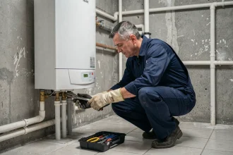 Plombier inspectant un chauffe-eau en utilité domestique pour détecter des pannes cachées