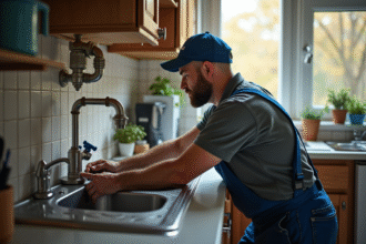 Plombier professionnel changeant des tuyaux en PVC sous l'évier de cuisine
