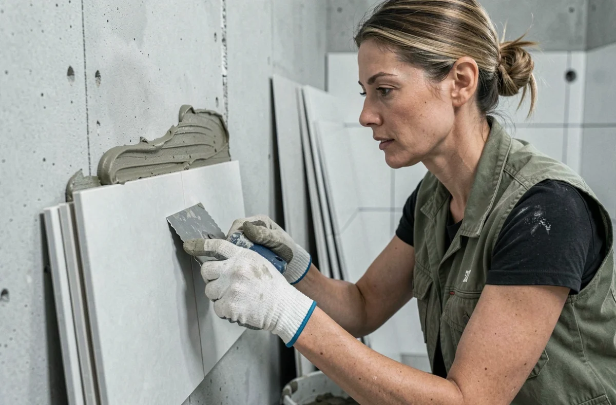 Femme posant du carrelage dans une salle de bain en cours de rénovation avec mortier-colle