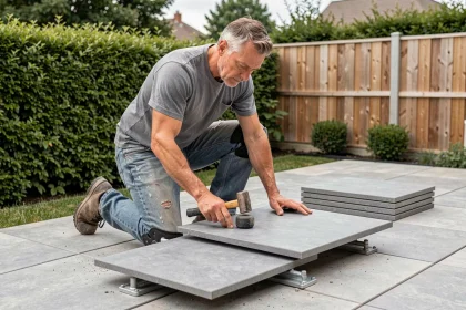 Homme posant lui-même des dalles sur plots sur une terrasse extérieure pour réduire le coût au m²