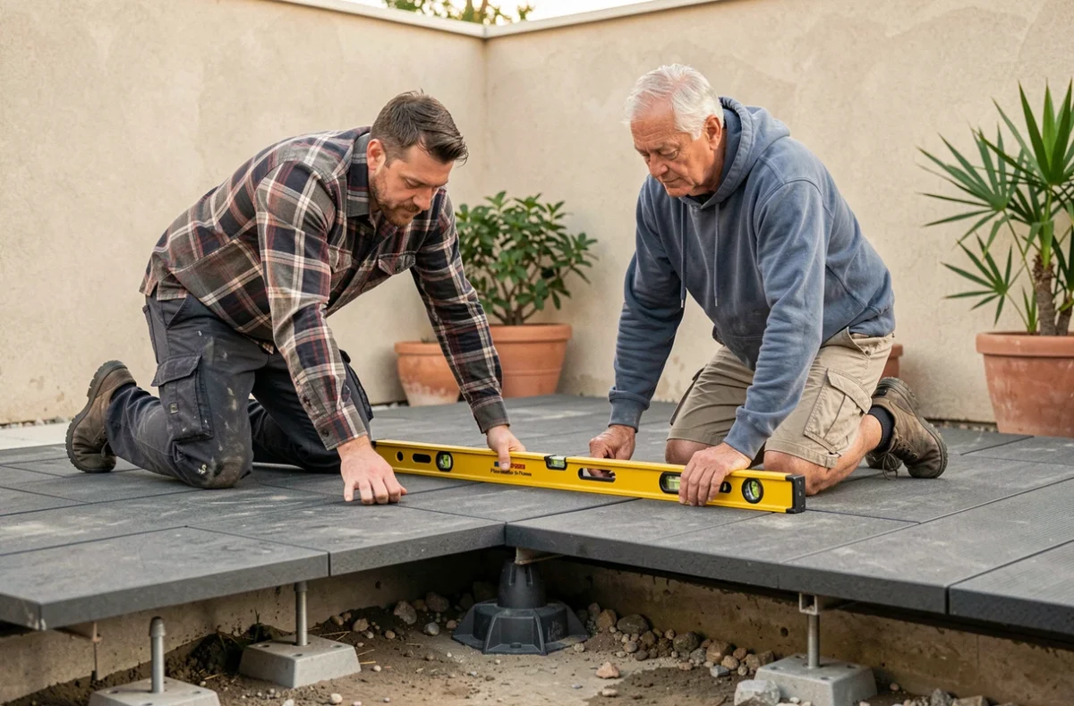 Deux hommes posant ensemble des dalles sur plots sur une terrasse résidentielle pour réduire le coût de pose au m²