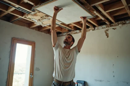 Ouvrier posant un faux plafond en rénovation après dégâts des eaux dans un appartement