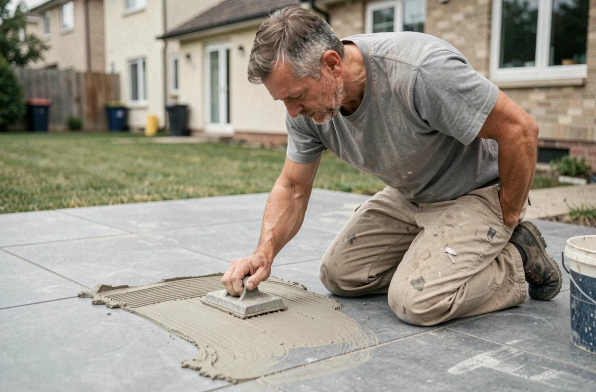 Artisan appliquant incorrectement le joint de carrelage sur une terrasse extérieure en grès cérame