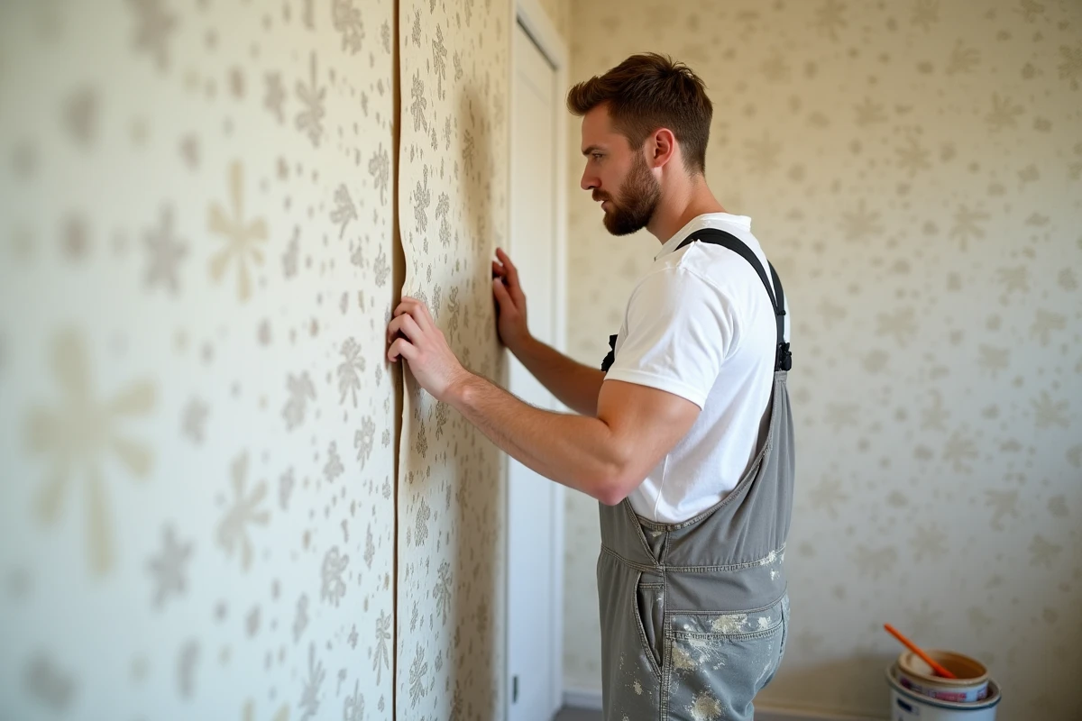 Homme posant une bande de papier peint à motif raccord sur un mur en cours de décoration pour aligner précisément les répétitions du motif