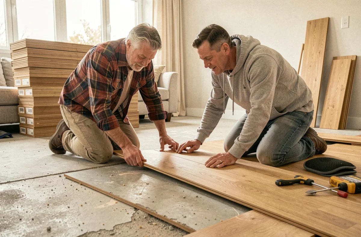 Deux bricoleurs posant un parquet en bois flottant dans un salon en rénovation