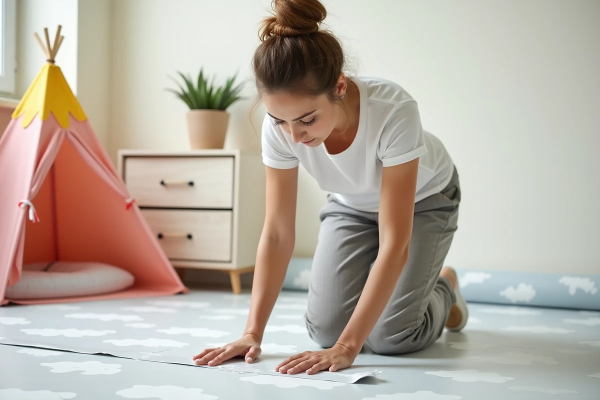 Femme posant un rouleau de sol PVC dans une chambre d'enfant avec motif nuages, installation maison