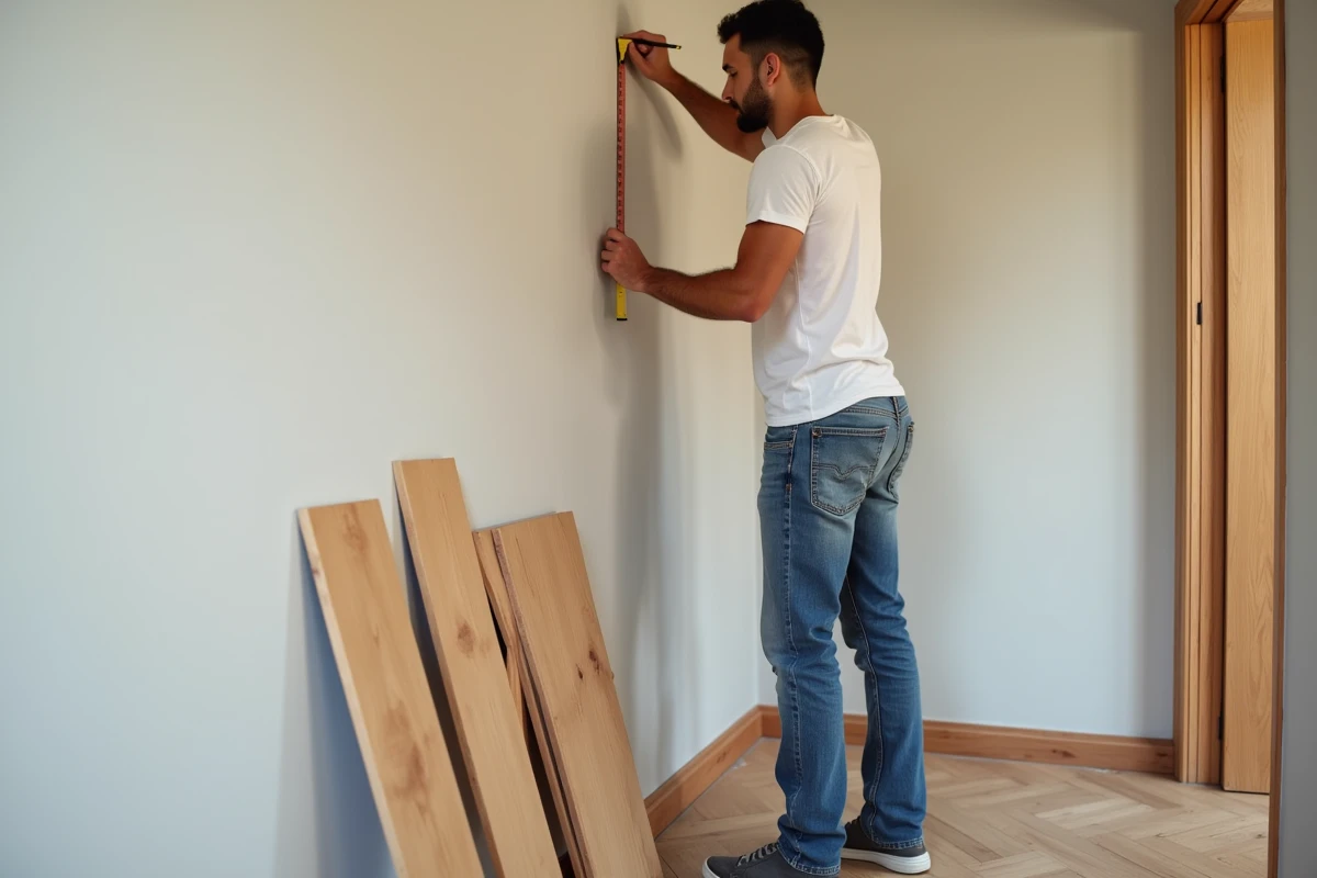 Personne mesurant un mur avant pose de tasseaux bois chêne brut, tutoriel déco murale fait maison petit budget